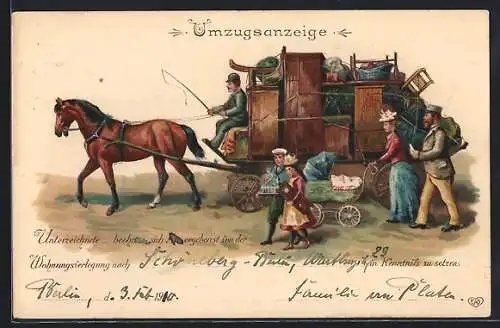Präge-Lithographie Private Umzugsanzeige, Umzugs-Kutschwagen und Familie