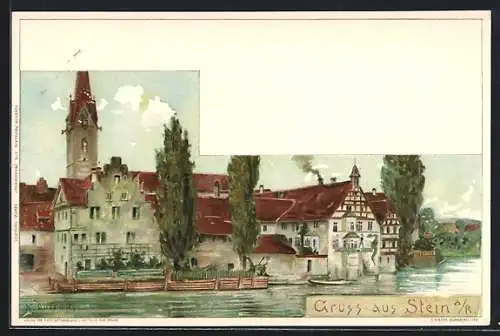 Künstler-AK Stein a. R., Partie am Ortsrand vom Fluss aus gesehen, um 1900