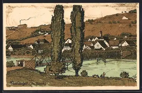 Künstler-AK Flurlingen, Brückeneinweihung 1922, Teilansicht