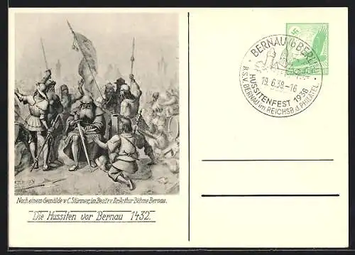 Künstler-AK Bernau / Mark, Die Hussiten vor der Stadt, Ganzsache