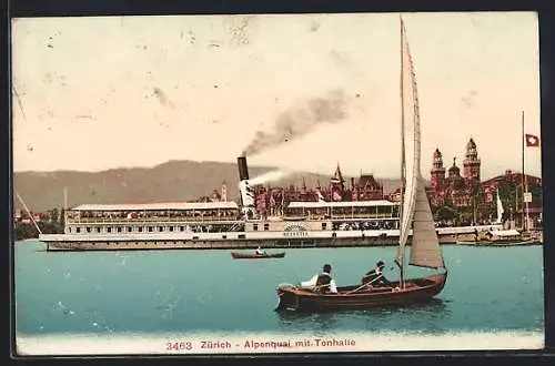 AK Zürich, Dampfer Helvetia am Alpenquai, Blick zur Tonhalle