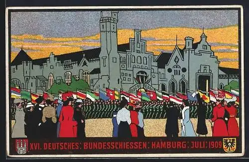 Künstler-AK Hamburg, XVI. Deutsches Bundesschiessen 1909, Festumzug mit Fahnen