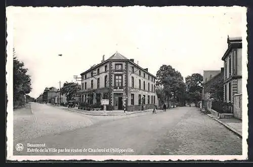 AK Beaumont, Entrée de la Ville par les routes de Charleroi et Philippeville