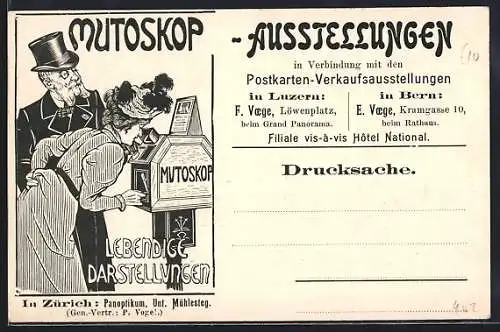 Künstler-AK Luzern, Mutoskop-Ausstellungen und Postkartenverkauf von E. Voege, Löwenplatz, Rückseitig Briefmarken