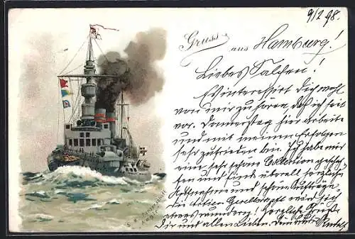Lithographie SM Panzerschiff Aegir auf See