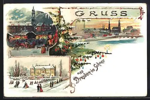 Winter-Lithographie Dresden, Weihnachtsmarkt mit Pferdeschlitten, Mehrfachansicht