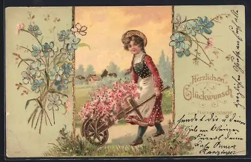 Präge-AK Kleine Gärtnerin mit Blumen-Schubkarre, Herzlichen Glückwunsch zum Namenstag