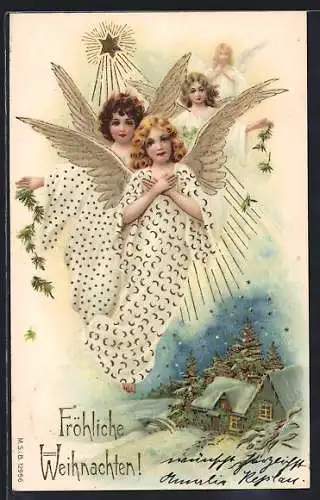 AK Weihnachtsengel unter einem Stern, Verschneiter Hof bei Nacht