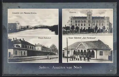 AK Nisch, Neuer Bahnhof Zar Ferdinand, Hauptbahnhof, Kaserne