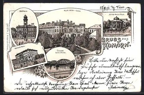 Lithographie Komorn, K. u. K. Militär-Casino, Sparcassa Palais, Donau-Brücke