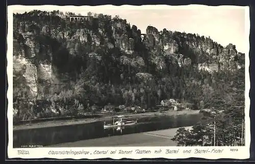 Foto-AK Walter Hahn, Dresden, Nr. 3878: Rathen, Elbetal mit Bastei und Bastei-Hotel