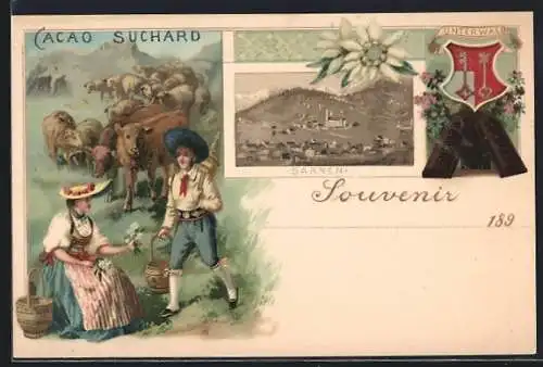 Lithographie Sarnen, Reklame für Kakao Suchard, Wappen, Kuhhirten inTracht mit Herde