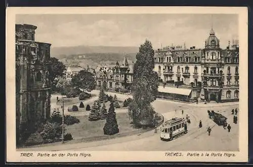 AK Trier, Partie an der Porta Negra mit Strassenbahn