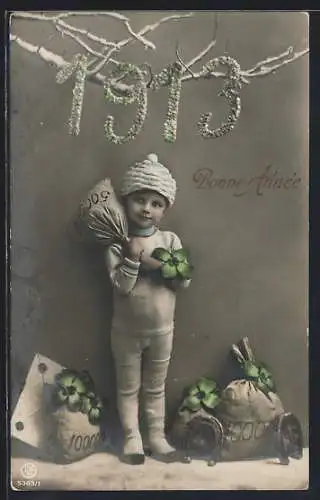 AK Kleiner Junge mit Kleeblättern und Hufeisen unter der Jahreszahl 1913
