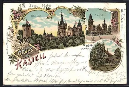 Lithographie Tägerwilen, Schloss Kastell, Wirtschaft zum Grüntal, Schlosshof