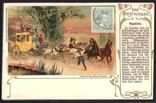 Lithographie Das Postwesen, spanische Postkutsche, Briefmarke
