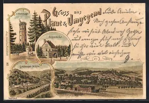 Lithographie Plaue / Thür., Bahnhof, Schneekopf, Schmücke, Gehlberger-Mühle