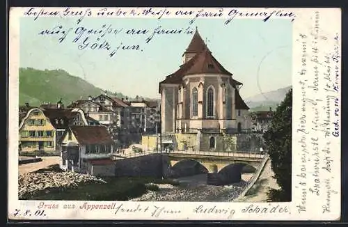 AK Appenzell, Brücke und Kirche, Ortspartie