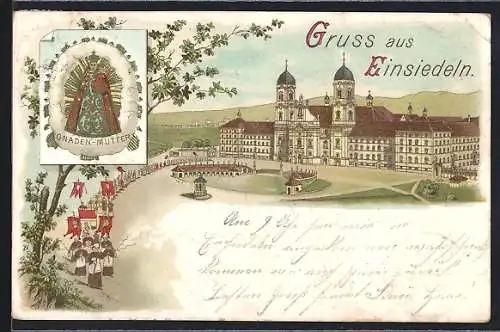 Lithographie Einsiedeln, Wallfahrtskirche, Gnaden-Mutter