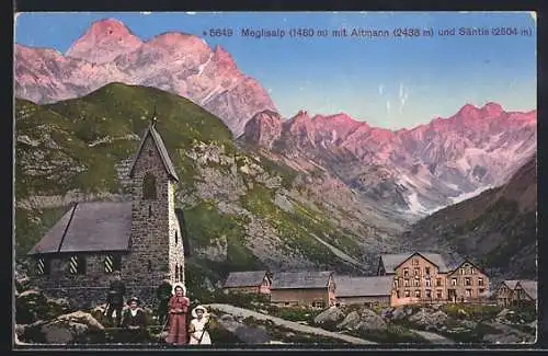 AK Meglisalp, Ortsansicht mit Kirche, Altmann u. Säntis