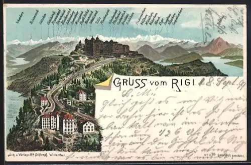 Lithographie Rigi, Panorama mit Gütschen, Hasenstock und Mönch