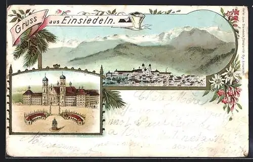 Lithographie Einsiedeln, Ansicht des Klosters, Panoramablick auf den Ort