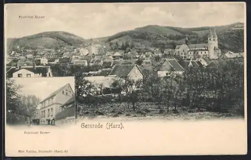 AK Gernrode /Harz, Pensionat Kayser und Blick auf den Ort