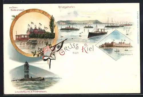 Lithographie Kiel, Kriegshafen, See-Badeanstalt, Friedrichsort u. Leuchtturm