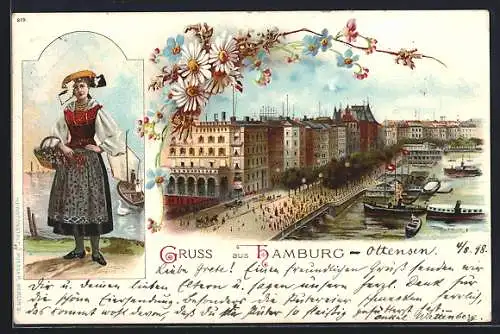 AK Hamburg, Hafenpartie & Frau in Tracht