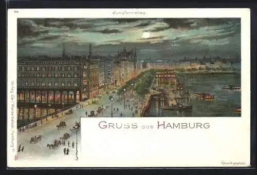 Lithographie Hamburg-Neustadt, Strasse Jungfernstieg mit Pferdewägen, Neujahrsgruss