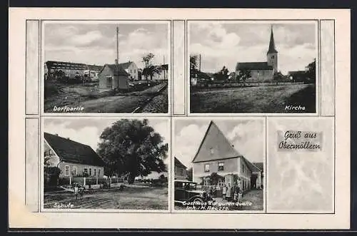 AK Obermöllern, Gasthaus zur guten Quelle, Schule und Dorfpartie