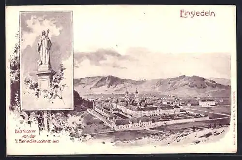 Künstler-AK Einsiedeln, Kloster von der St. Benediktusstatue aus