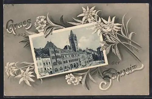 AK Basel, Rathaus, Edelweiss, Passepartout