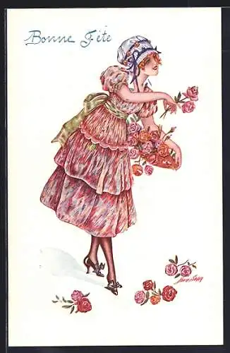 Künstler-AK Xavier Sager: Frau in rosanem Kleid mit Korb voller Rosen