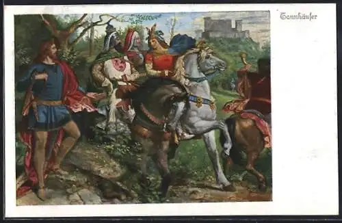 Künstler-AK Tannhäuser, in bunten Kleidern zu Pferd, die Burg im Hintergrund, Serie 259, Nr. 4487