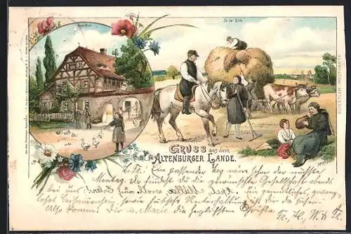 Lithographie Ochsengespann auf Bauernhof