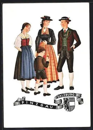 AK Salzburg, Salzburger Heimatwerk, Familie mit Kindern in Tracht aus dem Pinzgau, Wappen