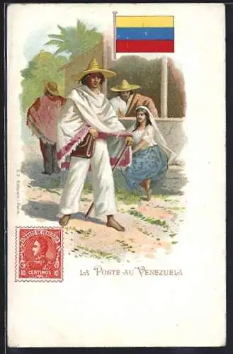 Lithographie La Poste au Venezuela, Postbote, Flagge, Briefmarke