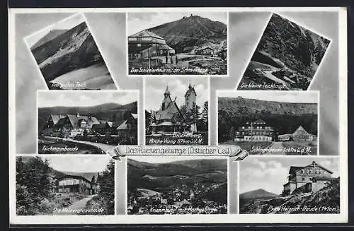 AK Brückenberg, Kirche Wang, Das Schlesierhaus mit Schneekoppe, Schlingelbaude, Prinz Heinrich-Baude