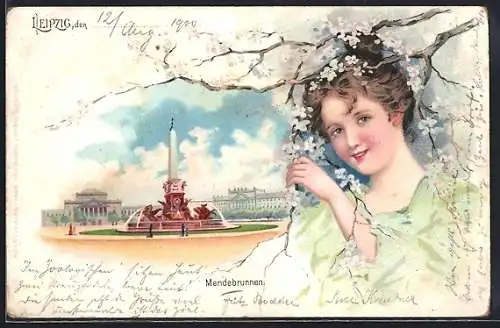 Lithographie Leipzig, Mendebrunnen und Mädchen unter blühenden Zweig