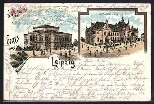 Lithographie Leipzig, Concerthaus und Buchhändler-Börse mit Strasse