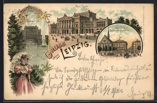 Lithographie Leipzig, Schwanenteich, Neues Theater, Café Felsche u. Eing. z. Grimmaischen Strasse
