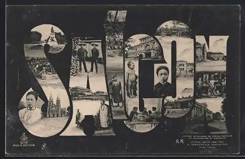 AK Saigon, Ortsansichten, Trachten und Portraits von Schriftzug gerahmt