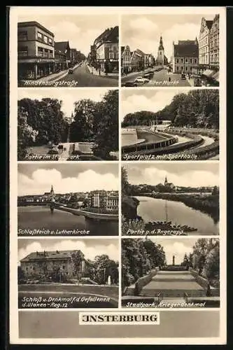 AK Insterburg, Hindenburgstrasse, Alter Markt, Sportplatz, Schloss & Denkmal