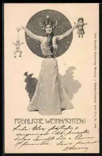 AK Dame mit Spielzeug im Jugendstil