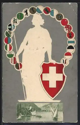 AK Locle, Helvetia mit Schild und Wappen