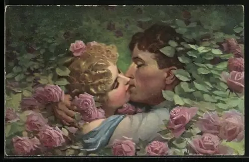 Künstler-AK W. Hunger: Im Paradies, Küssendes Liebespaar in den Blumen