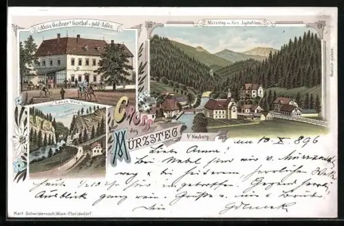 Lithographie Mürzsteg b. Neuberg, Alois Grabners Gasthof z. gold. Adler, Kais. Jagdschloss