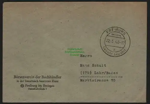 B10343 Brief franz. Zone Gebühr bezahlt Freiburg Breisgau 1948 nach Lahr Baden