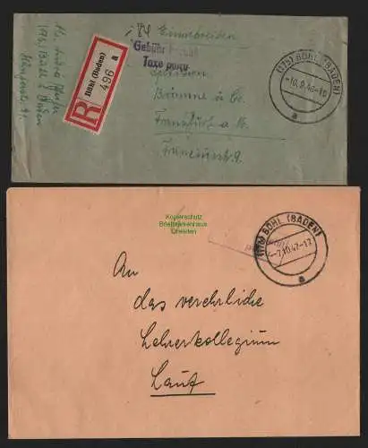 B10447 2x Brief franz Zone Gebühr bezahlt 1946 Bühl Baden Einschreiben Frankfurt